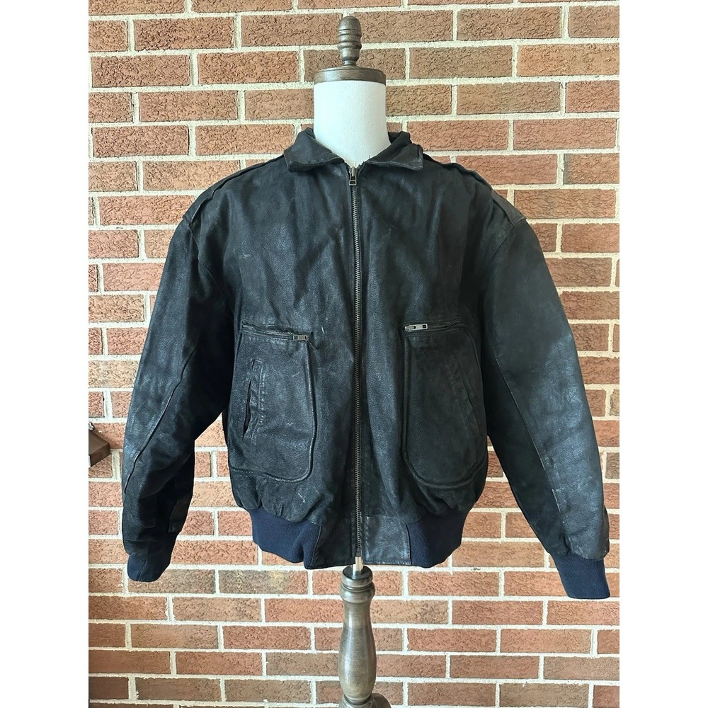 Phase 3 Mens Black Leather Bomber Flight Jacket Map Print Lining 2XL Vintage